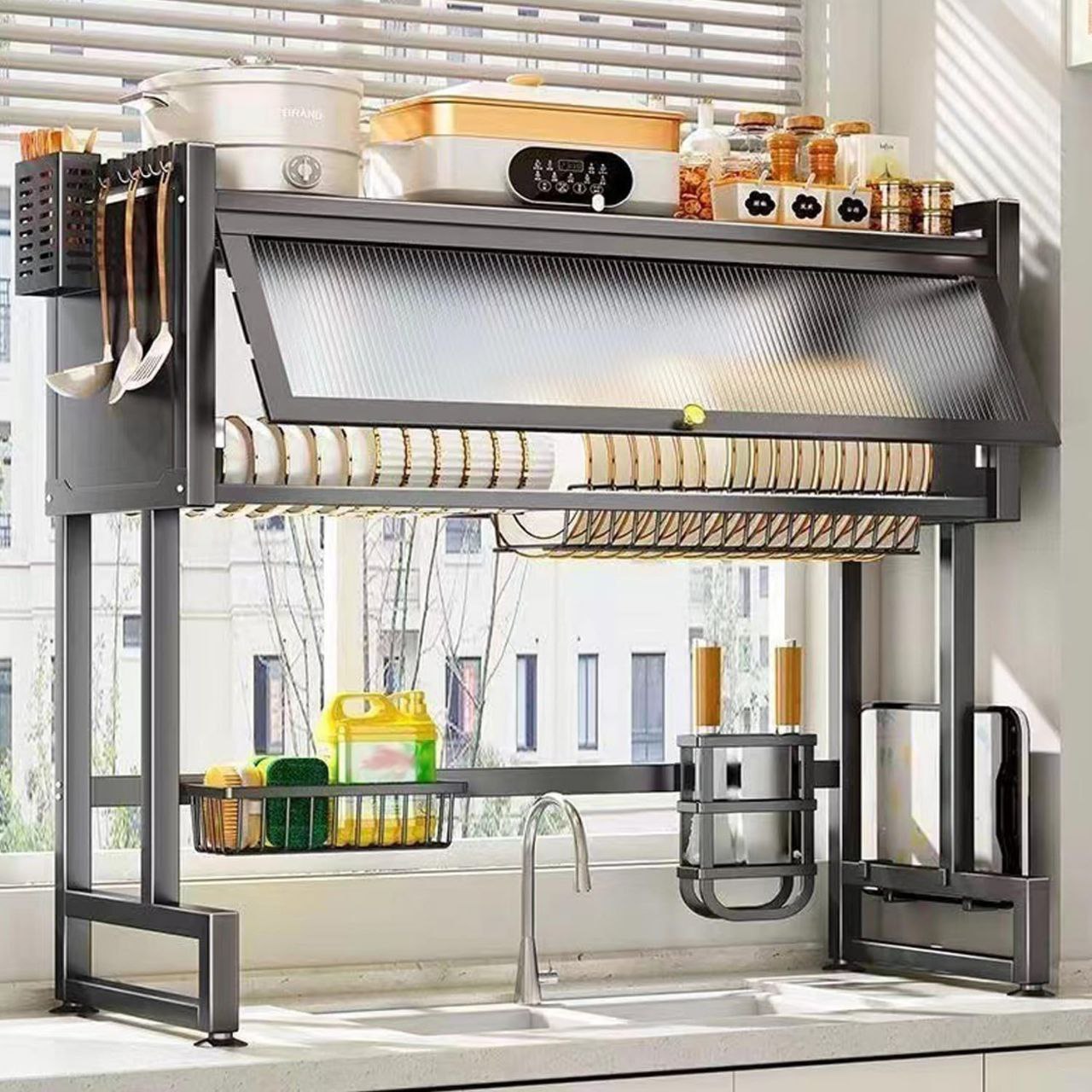 Égouttoir à Vaisselle à 2 Niveaux avec Couvercle